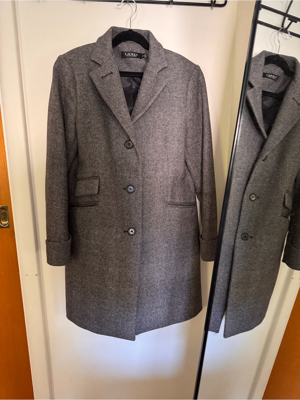 Ralph Lauren Gray Herringbone Wool-Blend Pea Coat